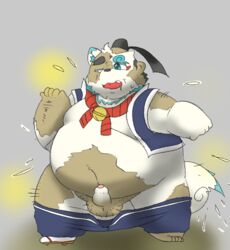 2020 agyou anthro anthro_to_human asian_mythology balls belly bottomwear clothing east_asian_mythology foo_dog fur furry genitals human japanese_mythology komainu male male_only mammal mythology overweight overweight_male pants penis solo solo_male species_transformation tokyo_afterschool_summoners toyoscat transformation video_games white_body white_fur yōkai