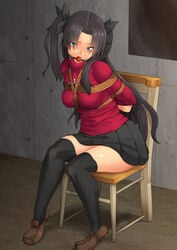 ball_gag black_hair black_legwear black_skirt blue_eyes bondage bound chair fate/stay_night fate_(series) gag highres long_hair nokishita_kumoemon pleated_skirt shibari_over_clothes skirt sweater thighhighs tohsaka_rin zettai_ryouiki