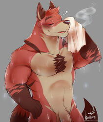 5_fingers after_shower anthro athletic athletic_male body_hair brown_body brown_fur canid canine chest_hair closed_eyes fingers flaccid fox fur genitals humanoid_hands kanisorn kemo_coliseum lambert_(kemo_coliseum) male male_only mammal navel penis rabbitdx26 red_body red_fur signature smile solo steam tan_body tan_fur three_tone_fur wet wet_body wet_fur