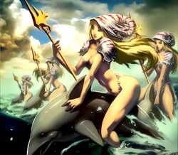 artist_request ass bikini blonde_hair breasts dolphin riding water_nymph