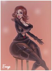 1girls alternate_ass_size arm_covers_breast artist_request big_ass big_butt bimbo black_suit black_widow_(marvel) bubble_ass bubble_butt busty chair curvy curvy_figure dat_ass female ginger_hair huge_ass lipstick looking_at_viewer marvel marvel_comics natasha_romanoff pear_shaped scarlett_johansson showing_cleavage superhero_costume superheroine wardrobe_malfunction