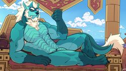 16:9 2019 abs amber_eyes anthro arm_support balls basch beard beverage biceps biped black_sclera blue_body blue_penis blue_scales chest_fur chest_tuft claws cup dragon facial_hair fangs feet fur furniture genitals hair hi_res horn looking_at_viewer lying male male_only muscular muscular_male muscular_thighs nude on_back pecs penis quads reclining ridged_penis rymulus scales seductive sky smile sofa solo tail_tuft teeth temple toe_claws triceps tuft white_hair wingless_dragon