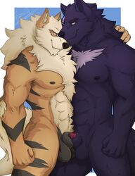 2boys abs animal_genitalia animal_penis anthro anthrofied arcanine armpits balls_touching basch black_fur blonde_hair blue_background body_hair canine canine_penis chest_hair chest_tuft eye_contact fangs frottage furry gay hair half-closed_eyes hi_res interspecies larger_male looking_at_another looking_at_partner male male_only mammal muscular muscular_male nintendo nude orange_fur original_character penis penis_tip pinup pokemon pokemon_(species) pokemon_rgby poking_out pose red_eyes sheath silver_fang size_difference smaller_male smile standing stripes tail testicles text tuft video_games watermark white_border wolf yaoi yellow_eyes