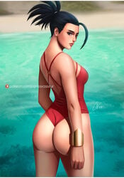 1girls beach black_eyes black_hair breasts dark-skinned_female dark_skin dat_ass dragon_ball dragon_ball_super earrings female female_only gauntlets geravass kale long_hair ponytail rear_view saiyan short_hair solo spiky_hair standing swimsuit