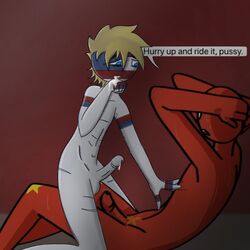 2boys bald blonde_hair china_(countryhumans) collab collaboration countryhumans cum_in_mouth cum_string cumstring english_text erection gay gay_sex hand_on_torso insult lilithrosen male/male male_only on_knees red_body red_penis red_skin speech_bubble united_states_of_america_(countryhumans) white_penis yaoi yellow_star