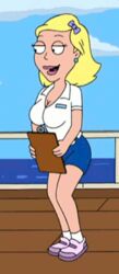 :d american_dad animated becky_arangino big_breasts black_eyes blonde_hair blue_skirt breast_jiggle breasts busty cleavage cropped_image holding_object leaning leaning_to_the_side open_mouth shoes short_hair skirt socks standing white_socks