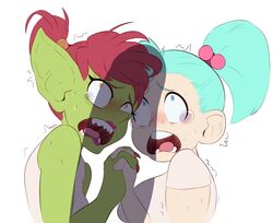 2girls alvie_(sundown) blizzard_entertainment crying fantasy female gnome gnome_(warcraft) gnome_female goblin goblin_(warcraft) goblin_female green_skin multiple_girls pale_skin shortstack silhouette sunnysundown tezzla_(sundown) warcraft world_of_warcraft