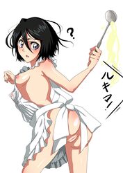 ! 1girls ? absurdres apron areolae artist_request ass bangs big_ass black_hair bleach breasts female female_only functionally_nude hair_between_eyes hairless_pussy highres holding_object human japanese_text kuchiki_rukia ladle looking_back naked_apron nipples open_mouth purple_eyes pussy shiny_skin short_hair sideboob simple_background small_breasts solo spilling straight surprised text white_background