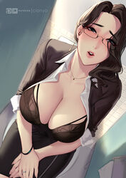 1girls bathroom bathroom_stall big_breasts blush bra breasts cianyo cleavage female female_only glasses large_breasts solo