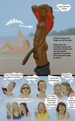 1boy abs beach big_penis blonde_hair brown_skin dangling_testicles dark-skinned_male dark_skin english_text female interracial lisarey male male_focus multiple_girls muscular_male pale_skin presenting_balls presenting_penis text undressing