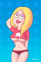 :) american_dad belly black_eyes blonde_hair francine_smith looking_at_viewer panties pink_panties pink_shirt purple_eye_liner pussy_outline red_lips rock_and_roll_sherpa_(francine_smith) seductive seductive_smile shirt_up skimpy small_breasts standing underboob vaultman watermark