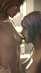 2girls 3d 3d_(artwork) abs blue_hair breast_sucking breasts brown_hair chloe_price closed_eyes collarbone cute erect_nipples female female/female female_only freckles friends intimate itwasmedio life_is_strange max_caulfield medium_breasts navel navel_line nipple_lick nipple_licking nipples no_bra nude nude_female open_mouth short_hair small_breasts source_filmmaker tongue tongue_out yuri