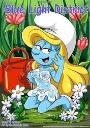 big_breasts blonde_hair blue_skin palcomix smurfette the_smurfs transparent_clothing