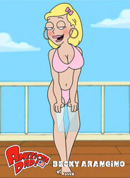 :d american_dad bare_shoulders barefoot becky_arangino belly betty_arangino bittoonz black_eyes blonde_hair blush cleavage earrings holding_object open_mouth pink_bikini short_hair text