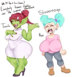 2girls alvie_(sundown) blizzard_entertainment crying fantasy female gnome gnome_(warcraft) gnome_female goblin goblin_(warcraft) goblin_female green_skin high_heels shortstack sunnysundown tezzla_(sundown) warcraft world_of_warcraft