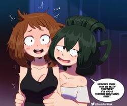 2girls big_breasts blush breasts busty cleavage exposed_shoulders eyebrows_visible_through_hair female female_only large_breasts my_hero_academia ochako_uraraka somescrub speech_bubble teenager text tongue_wrap tsuyu_asui wholesome yuri