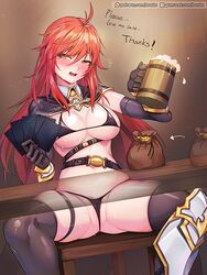 armor belt bouncing_breasts bra breasts cape cermia_(epic7) elbow_gloves epic7 gloves panties rebe11 red_eyes red_hair spread_legs thighhighs underwear