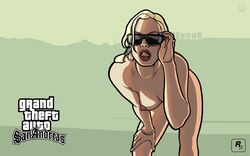 adjusting_eyewear adjusting_glasses adjusting_sunglasses bare_shoulders blonde_hair bracelet earrings grand_theft_auto grand_theft_auto:_san_andreas gtauto-x hand_on_leg leaning leaning_forward logo looking_at_viewer naked nude open_mouth photoshop red_lips rochell’le rockstar_games sign small_breasts sunglasses tinted_eyewear tongue_out