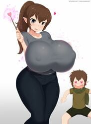 big_breasts brown_hair curvy curvy_figure gray_shirt huge_breasts kainkout magic magical_girl