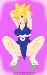 armpits blonde_hair blue_nail_polish dr.stone feet female hands_behind_head kohaku_(dr.stone) kurotatsuo squatting thighs toenail_polish