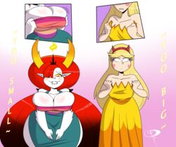 2girls breast_envy clothing_swap disney embarrassed fangs frostbiteboi hekapoo huge_breasts humiliation multiple_girls size_comparison small_breast_humiliation star_butterfly star_vs_the_forces_of_evil straight_hair thick_thighs