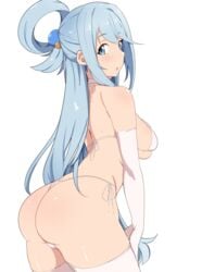 1girls aqua_(konosuba) aqua_hair ass blue_eyes blush dat_ass female female_only huge_breasts human kono_subarashii_sekai_ni_shukufuku_wo! looking_at_viewer seihekiog sideboob solo thong underwear