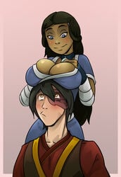 1boy 1girls arm_wraps avatar_the_last_airbender bedroom big_breasts blue_eyes blush boob_hat breasts breasts_on_head brown_hair burn_scar choker cleavage clothed clothed_female clothed_male clothing color dark-skinned_female dark_skin digital_media_(artwork) female fire_nation hagfish hair_down hourglass_figure interracial katara large_breasts long_hair looking_down looking_up nickelodeon pout scar seductive short_hair smile smiling straight teasing water_tribe yellow_eyes zuko zutara