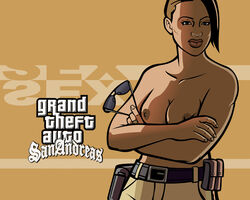 arms_crossed barbara_schternvart belt brown_eyes brown_hair cleavage collarbone crossed_arms eyewear_removed grand_theft_auto grand_theft_auto:_san_andreas gtauto-x gun_holster jeans logo looking_at_viewer no_bra photoshop policewoman shirt_removed small_breasts standing sunglasses sunglasses_removed text topless