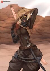 armpits bad_id blonde_hair dark-skinned_female erect_nipples hessra inviting kenshi lifting_clothing looking_at_viewer scorchlander undressing weapon yellow_eyes