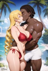 ai_generated beach bikini blonde_hair claire_harvey erection hundred interracial kissing