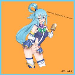 aqua_(konosuba) beer blue_eyes blue_hair caption drunk futa_only futanari kono_subarashii_sekai_ni_shukufuku_wo! llukik medium_breasts partially_clothed skirt skirt_lift