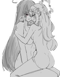 2girls ass asymmetrical_docking back blue_archive blush breast_press breasts breath commentary_request completely_nude erection eye_contact face-to-face flower futa_with_female futanari greyscale hair_flower hair_ornament hairband halo himari_(blue_archive) invisible_chair kyoshuyosrmik large_breasts light_frown long_hair looking_at_another mole mole_under_eye monochrome multiple_girls nude parted_lips penis pointy_ears profile red_eyes rio_(blue_archive) sidelocks simple_background sitting sitting_on_person small_breasts straddling straight_hair sweat thighhighs upright_straddle very_long_hair white_background white_eyes