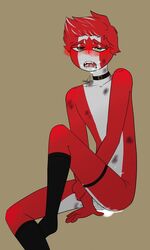 bite_mark bite_marks black_stockings blush brown_eyes canada canada_(countryhumans) choker countryhumans cum cum_in_ass cum_in_mouth cum_inside gay green_eyes heterochromia hickey legs_up oerba_yun_fang open_mouth piercing piercings red_body red_eyebrows red_hair red_skin white_body white_skin