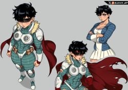 black_eyes black_hair blannis_art blood blood_on_face cape clothed clothed_female cuts female female_invincible female_only flaxan_mark_(invincible) genderswap genderswap_(mtf) grey_background invincible invincible_(superhero) mark_grayson rule_63 short_hair simple_background solo torn_clothes