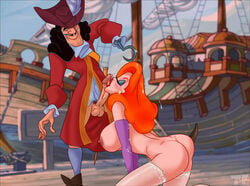 1boy 1boy1girl 1girls artist_name blowjob breasts_out captain_hook character_name copyright_name crossover cum cum_on_face cumshot disney disney_villains elbow_gloves fellatio jessica_rabbit kneeling licking licking_penis nipples oral peter_pan_(disney) red_hair straight thighhighs titflaviy who_framed_roger_rabbit