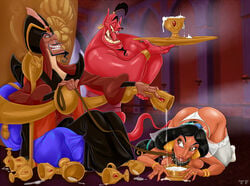 aladdin all_fours bondage collar covered_in_cum cum cum_drinking cum_drip cum_in_container cum_in_cup disney disney_princess female femsub genie genie_(aladdin) jafar leash leashed male male_with_male maledom princess_jasmine straight titflaviy