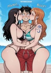 1boy 2girls age_difference ai_generated beach big_ass big_breasts bikini breast_press breasts bulge bulge_grab clothing female grabbing_penis heart hi_res highres hips huge_ass huge_breasts huge_bulge huge_cock juicy_butt kiss_on_cheek kissing kissing_cheek large_breasts light-skinned_female male monkey_d_luffy motion_lines nami_(one_piece) narrow_waist natural_breasts netorare nico_robin ntr ntrkage older_female one_piece penis sagging_breasts sandwich_position sandwiched slim_waist sound_effects thick_ass thick_thighs younger_male