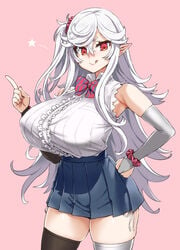 asanagi dante_alighieri_(eiyuu_senki) eiyuu_senki hand_on_hip huge_breasts long_hair looking_at_viewer nipple_bulge pointy_ears red_eyes short_skirt shortstack side-tie_panties side_ponytail skirt sleeveless_shirt thick_thighs thighhighs tongue_out white_hair