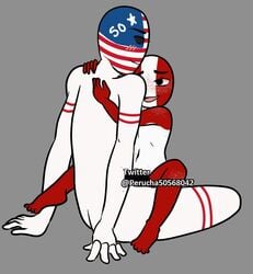 arms_around_neck black_eyes blue_skin blush countryhumans feet freckles peru_(countryhumans) red_body red_skin sitting sitting_on_lap sitting_on_person smile united_states_of_america_(countryhumans) white_body white_skin