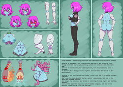 1girls blood blue_skin character_profile character_sheet clothed cyborg fire purple_hair robotic_limbs serious tentacle tentacle_monster undead zombie