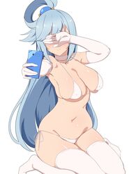 1girls aqua_(konosuba) arm_up armpits bangs bikini blue_hair blush breasts choker cleavage closed_mouth collarbone covering_eyes elbow_gloves eyebrows_visible_through_hair female female_only foreshortening gloves hair_ornament hair_rings hand_up highres holding_phone human kono_subarashii_sekai_ni_shukufuku_wo! large_breasts long_hair micro_bikini navel no_shoes outstretched_arm phone raised_eyebrows seihekiog self_shot shiny_skin side-tie_bikini simple_background sitting skindentation smile solo string_bikini swimsuit thighhighs underboob very_long_hair wariza white_bikini white_choker white_gloves white_legwear wide_hips