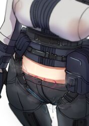 1girls after_sex ak-12 ak-12_(girls'_frontline) breasts close-up covered_nipples crotch erkisa girls'_frontline highres implied_sex large_breasts midriff military military_uniform no_bra pubic_tattoo pussy_juice pussy_juice_drip tattoo user_dnna3352