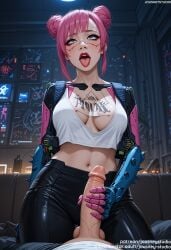 1boy ai_generated bangs black_pants blush breasts cd_projekt_red city cleavage clothing crop_top cyberpunk cyberpunk_2077 cyborg double_bun english_language english_text erection eyewear female female glasses gloved_handjob gloves green_eyes hair_bun handjob indoors jacket jousneystudio large_breasts large_penis lips long_sleeves looking_at_viewer makeup male mechanical_arms medium_breasts moon navel night nipples open_clothes open_mouth original pants penis pink_hair rita_wheeler saliva shirt short_hair single_mechanical_arm sky smile solo_focus straight tank_top teeth testicles text tongue tongue_out unzipped veins veiny_penis