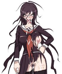 akizora cum_in_mouth cum_in_pussy cum_on_body cum_on_breasts danganronpa exposed_breasts fukawa_touko genocider_shou glasses smooth_skin tongue_out torn_clothes