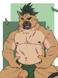 2020 anthro belly brown_body brown_fur canid canine canis clothing cute_fangs djako_hyena domestic_dog fur genitals hi_res humanoid_hands humanoid_penis male male_only mammal moobs navel nipples one_eye_closed penis scar slightly_chubby solo solo_male tokyo_afterschool_summoners underwear video_games wink yasuyori