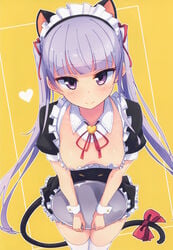 1girls absurdres animal_ears blush breasts cat_ears cat_tail closed_mouth clothing eyebrows_visible_through_hair fake_animal_ears feet_out_of_frame female female_only heart highres huge_filesize long_hair looking_at_viewer looking_up maid maid_headdress medium_breasts new_game! nipple_slip nipples nitro_(mugityaoisii) no_bra plate purple_eyes purple_hair shiny shiny_hair smile solo standing suzukaze_aoba tail thighhighs twintails white_legwear