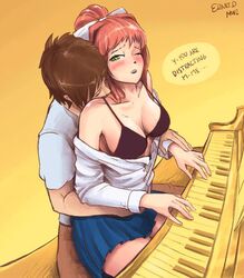 1boy 1girls black_bra blush bra brown_hair cleavage doki_doki_literature_club ernst_d eyebrows female hair_ornament hair_ribbon kissing_neck male monika_(doki_doki_literature_club) neck_kiss one_eye_closed piano ponytail raised_eyebrows skirt straight unbuttoned unbuttoned_shirt white_shirt