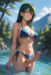 1futa ai_generated amber_eyes balls erection futa_only futanari green_hair jamesbron large_breasts large_penis long_hair nature navel panties_aside partially_submerged penis smile solo solo_futa standing swimwear thighs water wet wet_body wet_hair