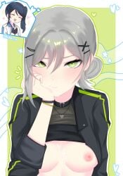 2girls absurdres asymmetrical_sidelocks black_choker black_gloves black_hair black_jacket blush border bracelet breasts character_name choker closed_eyes closed_mouth clothes_lift commentary cum cum_in_mouth cum_on_body cum_on_breasts find_the_dream_view_(project_sekai) fingerless_gloves gloves green_background green_eyes grey_hair hair_between_eyes hair_bun hair_ornament hairclip head_rest heart heart_in_eye heart_necklace highres hinomori_shiho hoshino_ichika_(project_sekai) implied_after_fellatio implied_futanari jacket jewelry looking_at_viewer multiple_bracelets multiple_girls multiple_hair_clips necklace nipples no_bra notice_lines official_alternate_costume official_alternate_hairstyle open_clothes open_jacket open_mouth outside_border project_sekai raised_inner_eyebrows shirt shirt_lift short_hair side_ponytail sidelocks simple_background sincerelyasmos sleeves_rolled_up small_breasts sparkle swept_bangs symbol_in_eye upper_body white_border white_jacket x_hair_ornament yuri