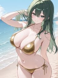 1girls ai_generated belly_button bikini breasts daikataru female gold_bikini golden_bikini green_eyes green_hair huge_breasts large_breasts smiling_at_viewer venus_(zenless_zone_zero) zenless_zone_zero